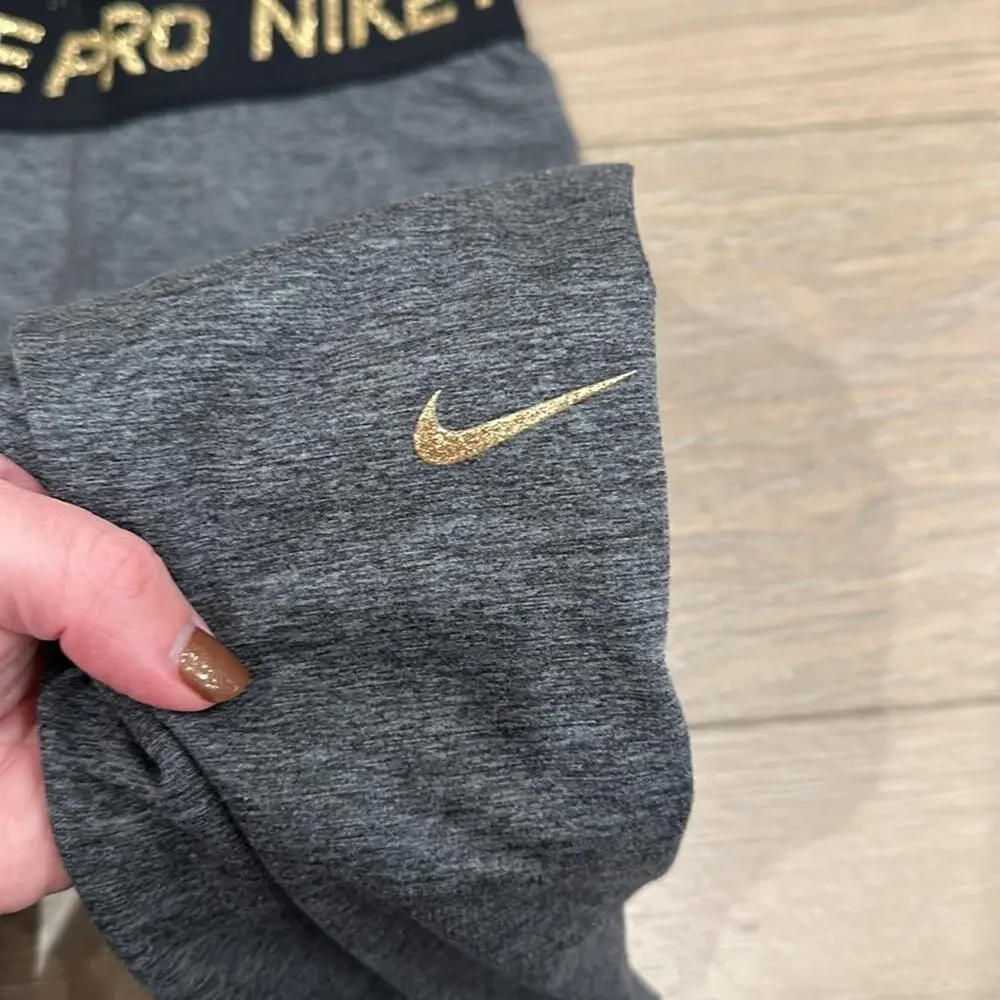 NIKE PRO Gray Warm Dri-Fit Mid Rise Gold Glitter Active‎ Yoga Leggings Size XS